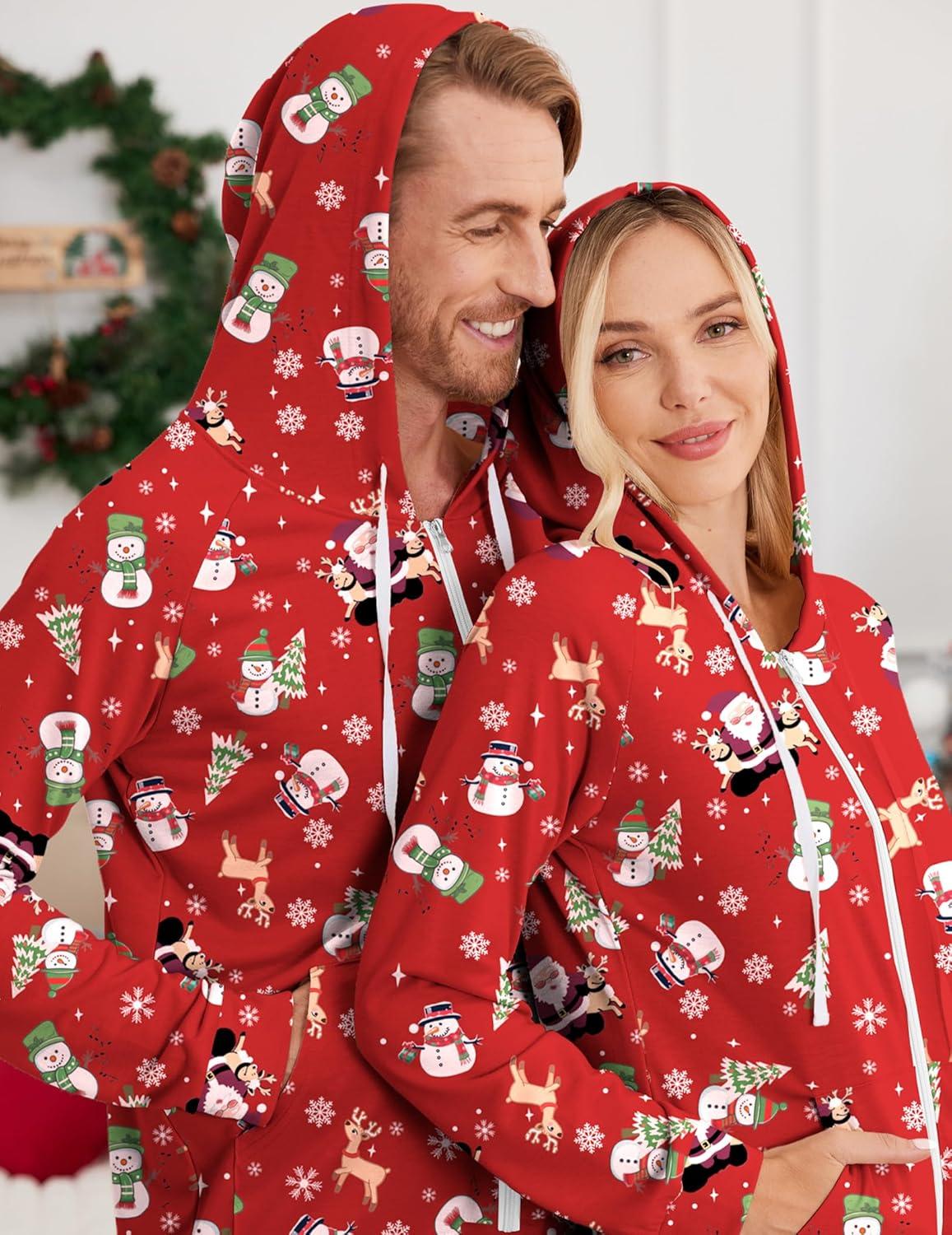 imageEkouaer Christmas Onesie for Couples Zipper Hooded Adult Matching Onesie Pajamas with PocketsRed Santa Snowman Pattern