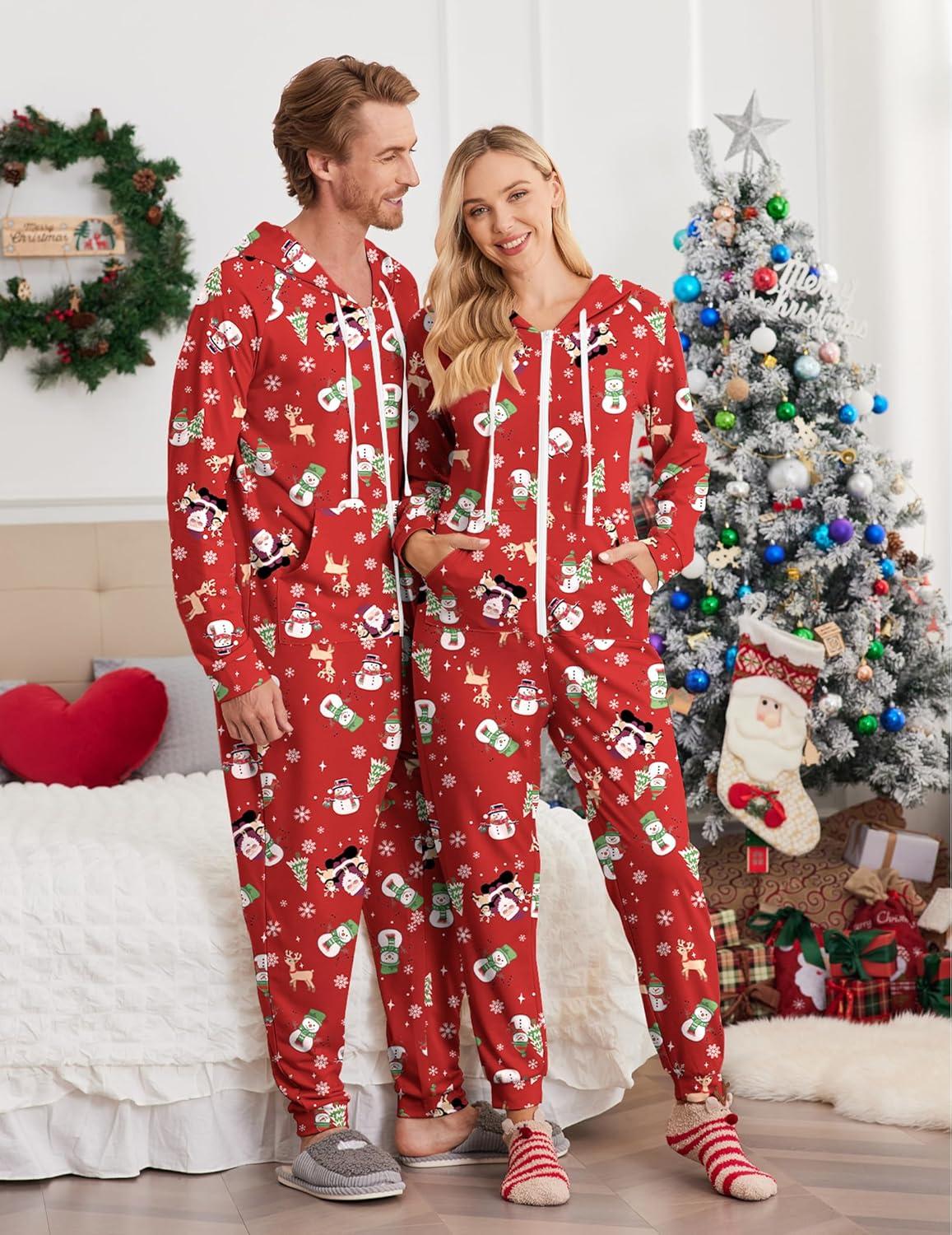 imageEkouaer Christmas Onesie for Couples Zipper Hooded Adult Matching Onesie Pajamas with PocketsRed Santa Snowman Pattern
