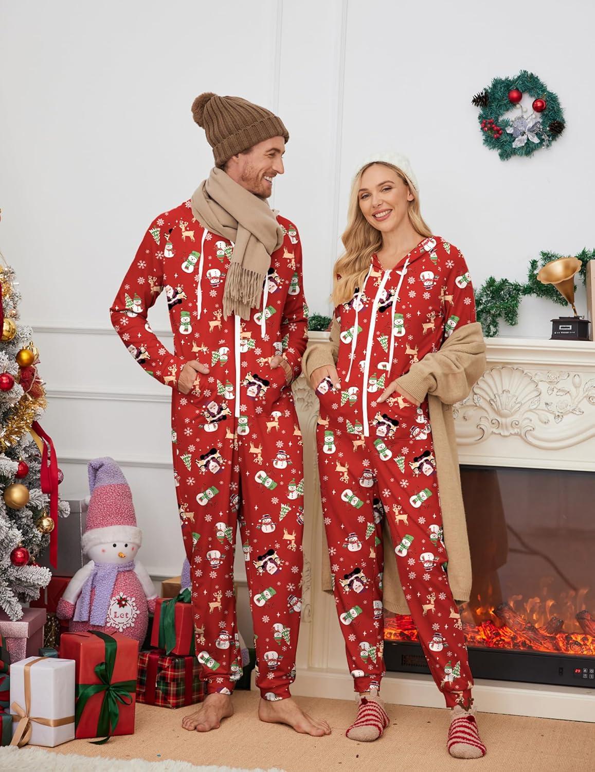 imageEkouaer Christmas Onesie for Couples Zipper Hooded Adult Matching Onesie Pajamas with PocketsRed Santa Snowman Pattern