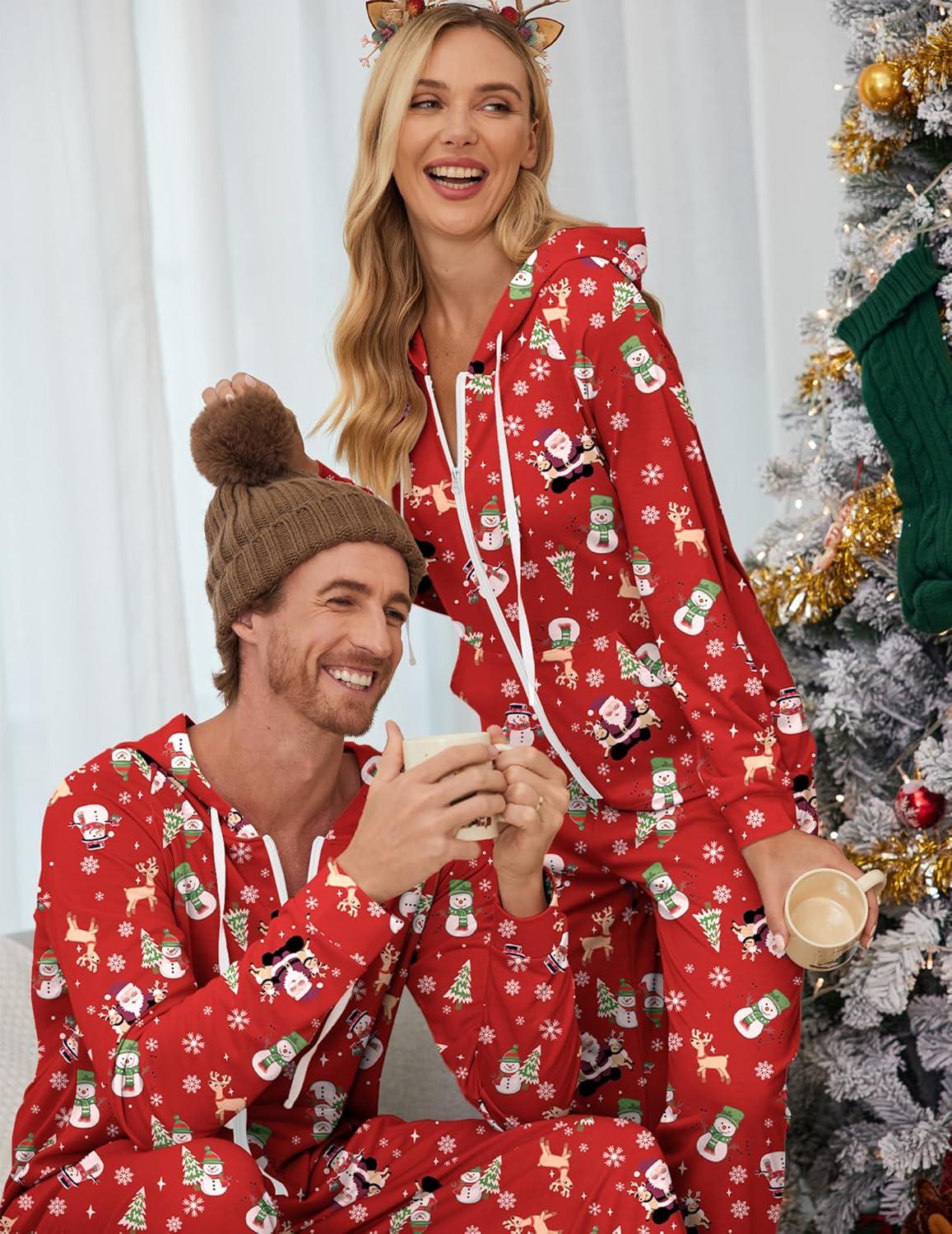 imageEkouaer Christmas Onesie for Couples Zipper Hooded Adult Matching Onesie Pajamas with PocketsRed Santa Snowman Pattern