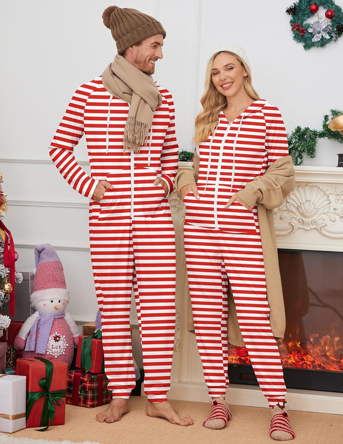 imageEkouaer Christmas Onesie for Couples Zipper Hooded Adult Matching Onesie Pajamas with PocketsRed White Stripes