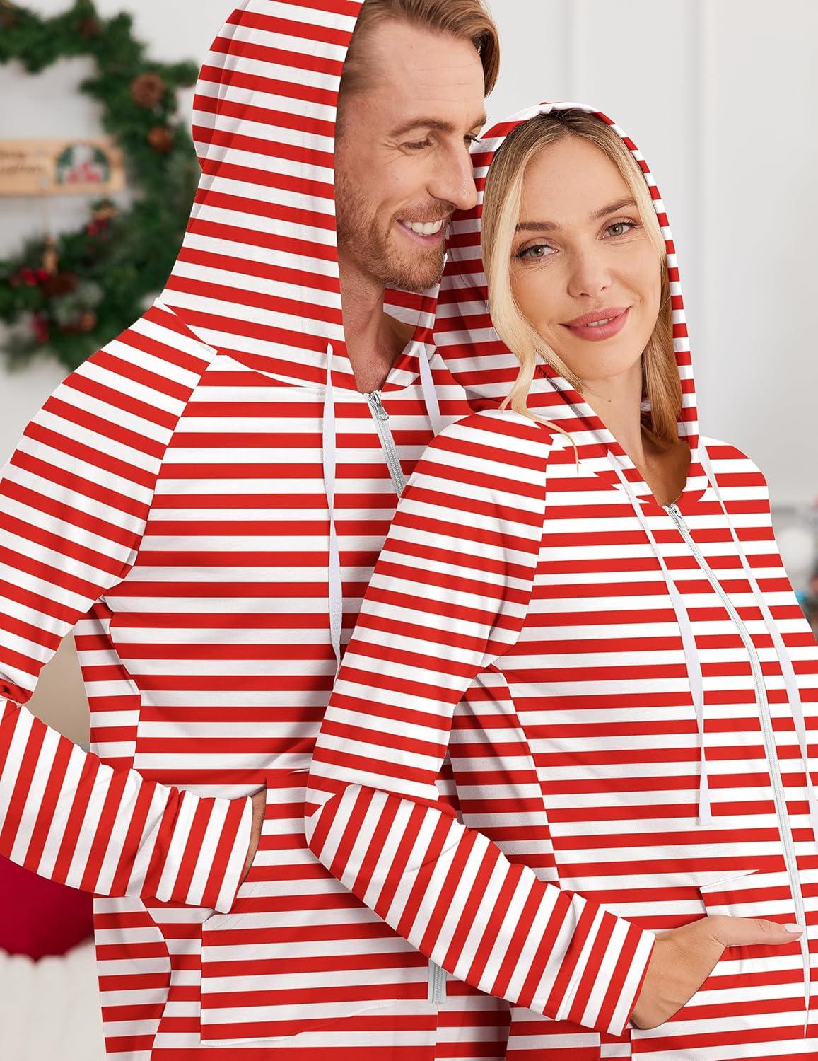 imageEkouaer Christmas Onesie for Couples Zipper Hooded Adult Matching Onesie Pajamas with PocketsRed White Stripes