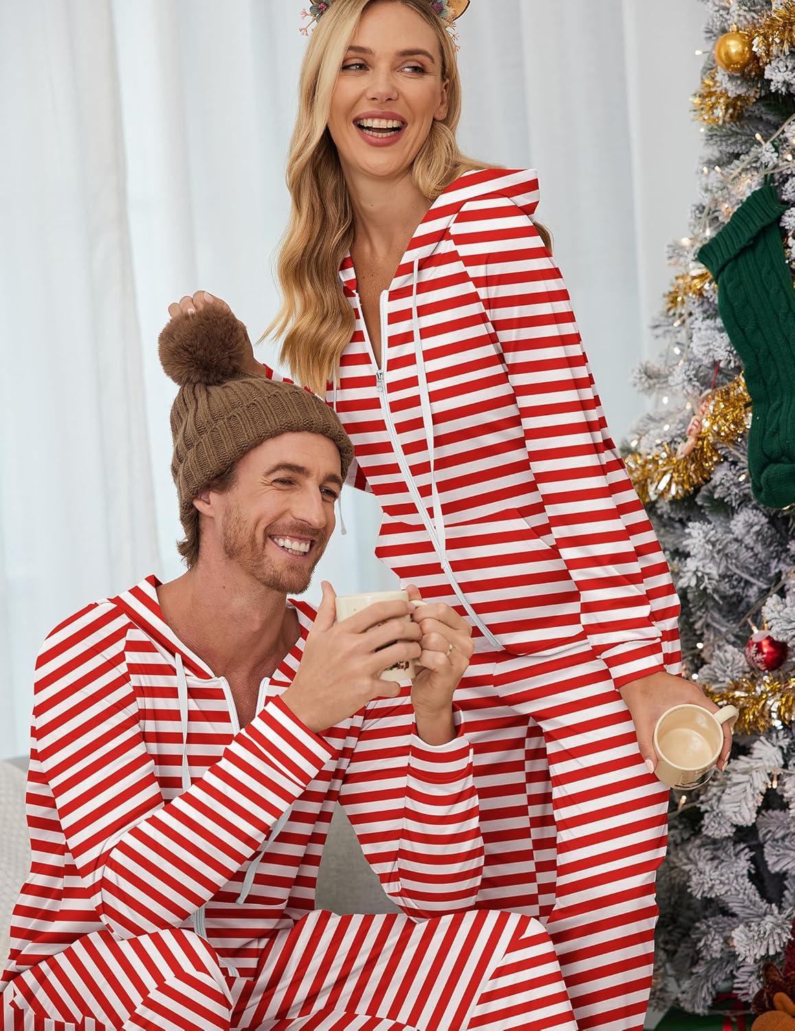 imageEkouaer Christmas Onesie for Couples Zipper Hooded Adult Matching Onesie Pajamas with PocketsRed White Stripes