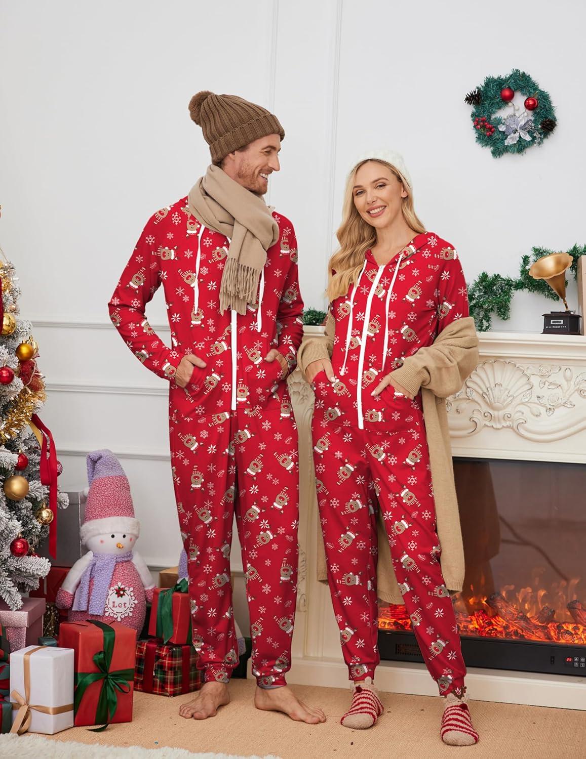 imageEkouaer Christmas Onesie for Couples Zipper Hooded Adult Matching Onesie Pajamas with PocketsReindeer