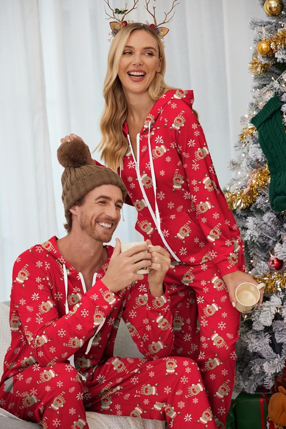 imageEkouaer Christmas Onesie for Couples Zipper Hooded Adult Matching Onesie Pajamas with PocketsReindeer