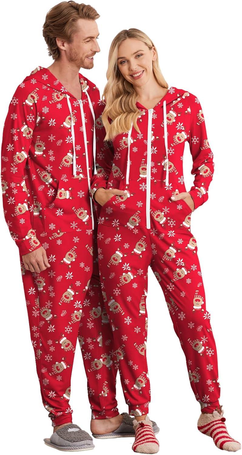 imageEkouaer Christmas Onesie for Couples Zipper Hooded Adult Matching Onesie Pajamas with PocketsReindeer