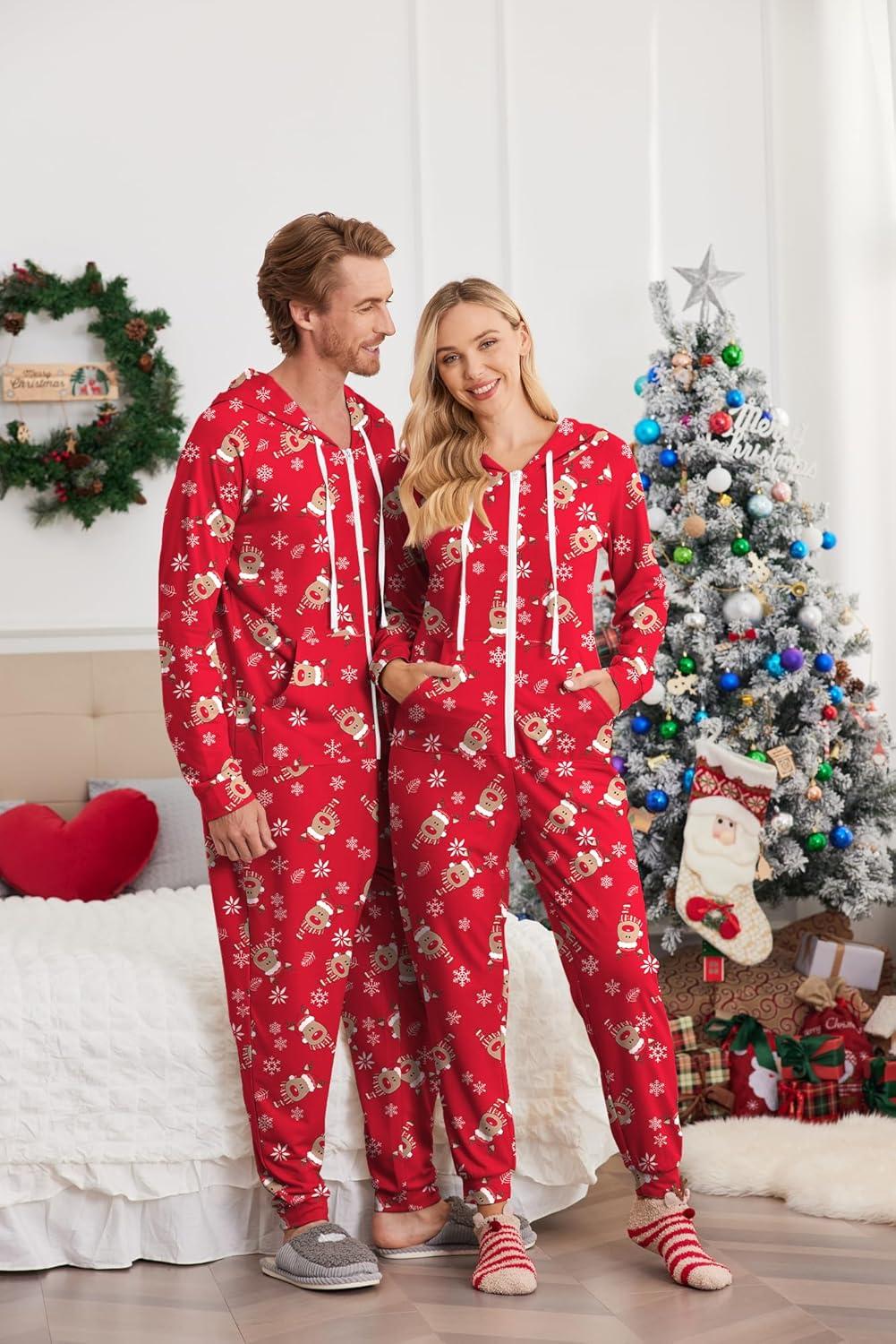imageEkouaer Christmas Onesie for Couples Zipper Hooded Adult Matching Onesie Pajamas with PocketsReindeer