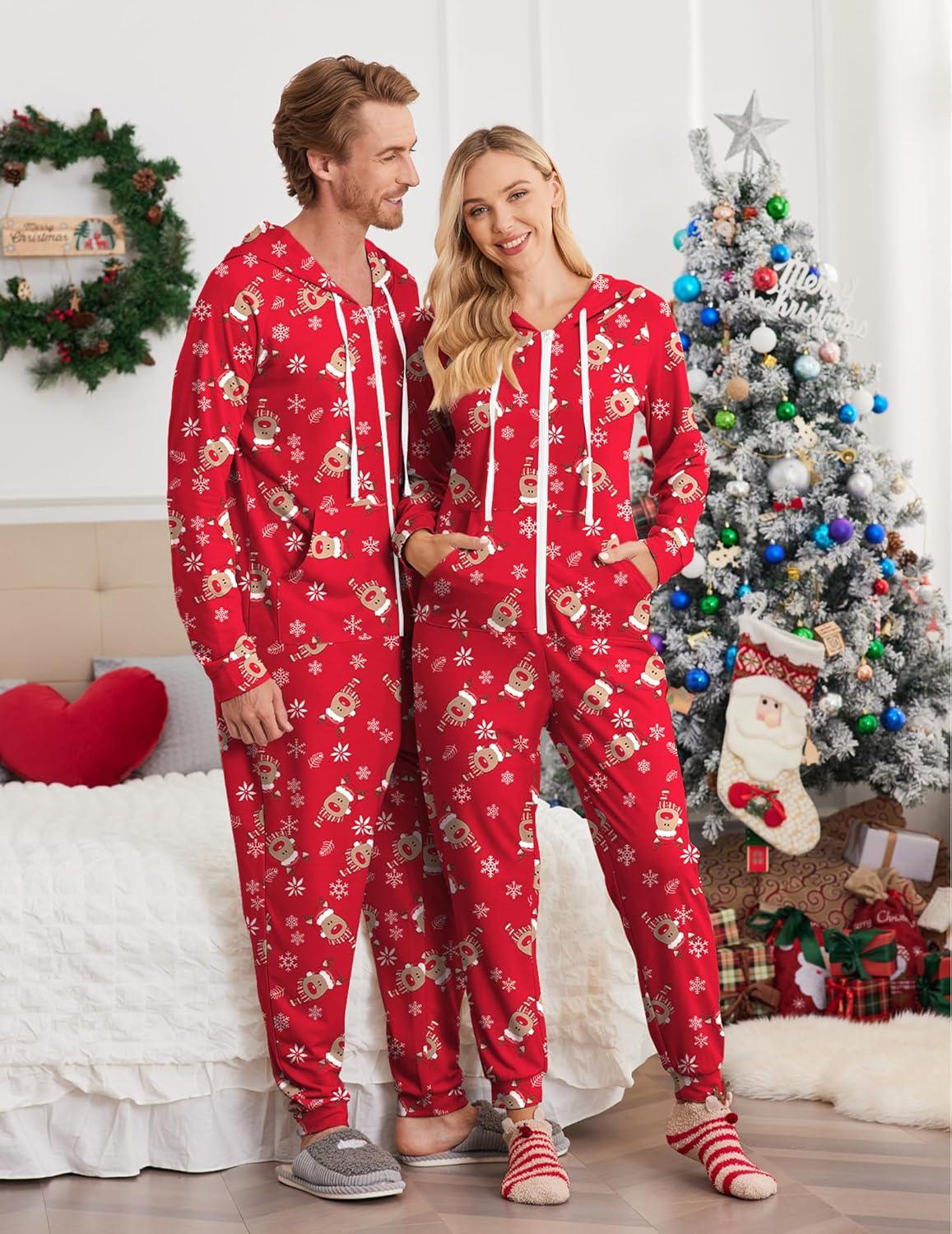 imageEkouaer Christmas Onesie for Couples Zipper Hooded Adult Matching Onesie Pajamas with PocketsReindeer
