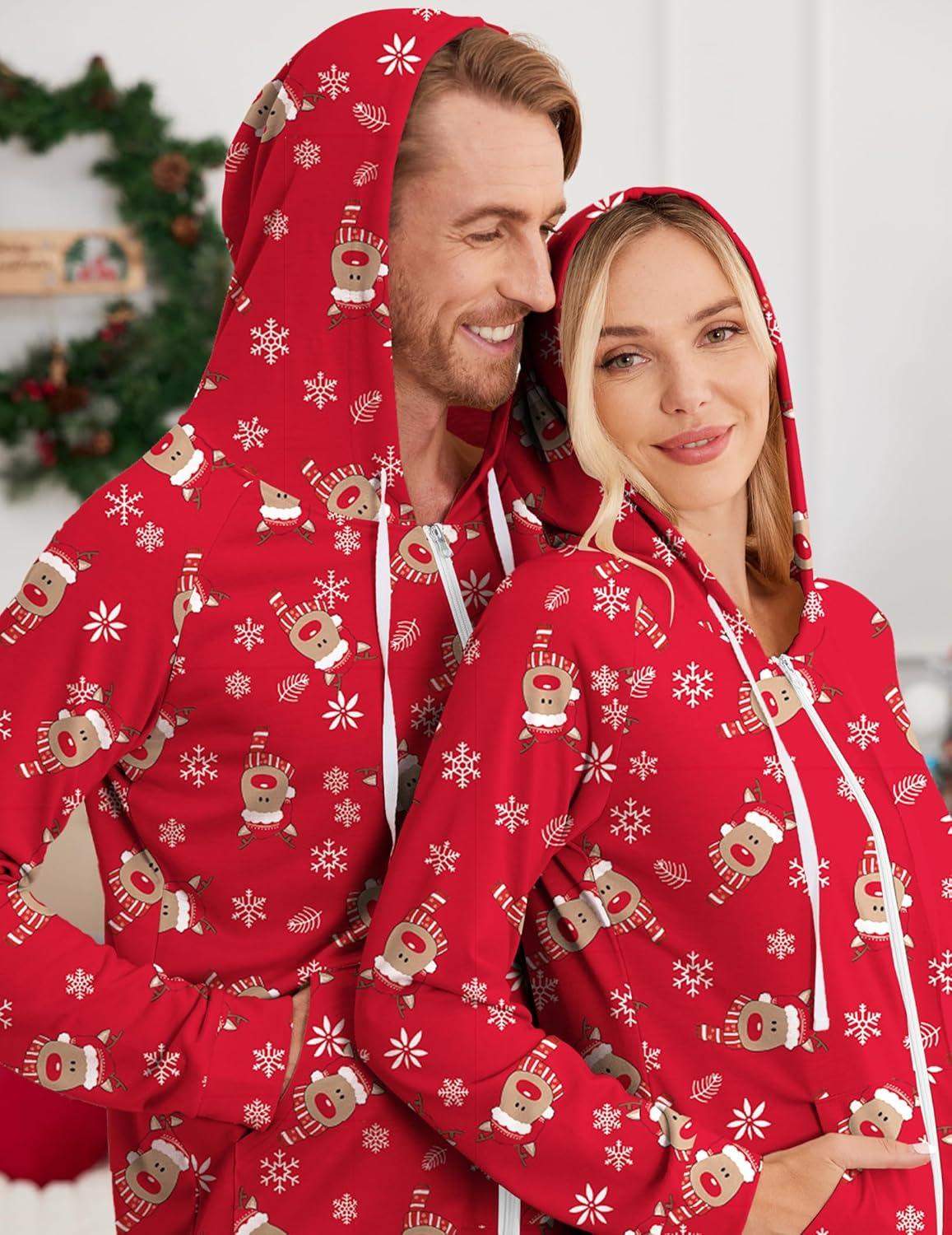 imageEkouaer Christmas Onesie for Couples Zipper Hooded Adult Matching Onesie Pajamas with PocketsReindeer