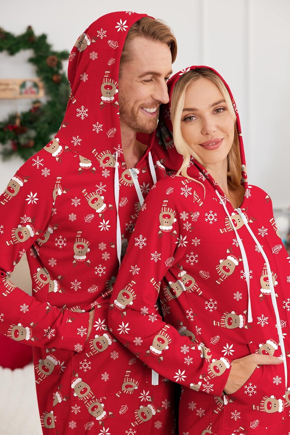 imageEkouaer Christmas Onesie for Couples Zipper Hooded Adult Matching Onesie Pajamas with PocketsReindeer