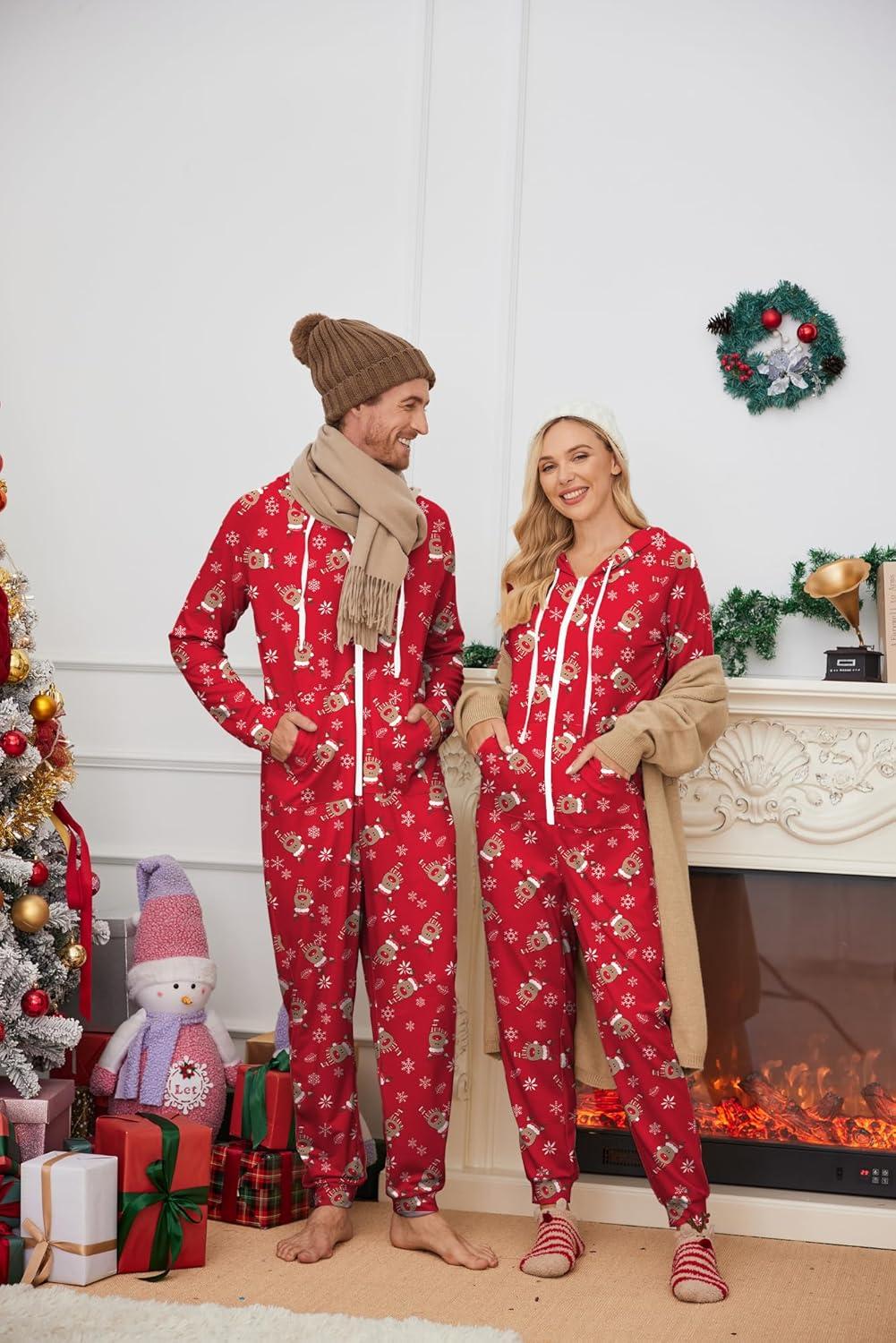 imageEkouaer Christmas Onesie for Couples Zipper Hooded Adult Matching Onesie Pajamas with PocketsReindeer