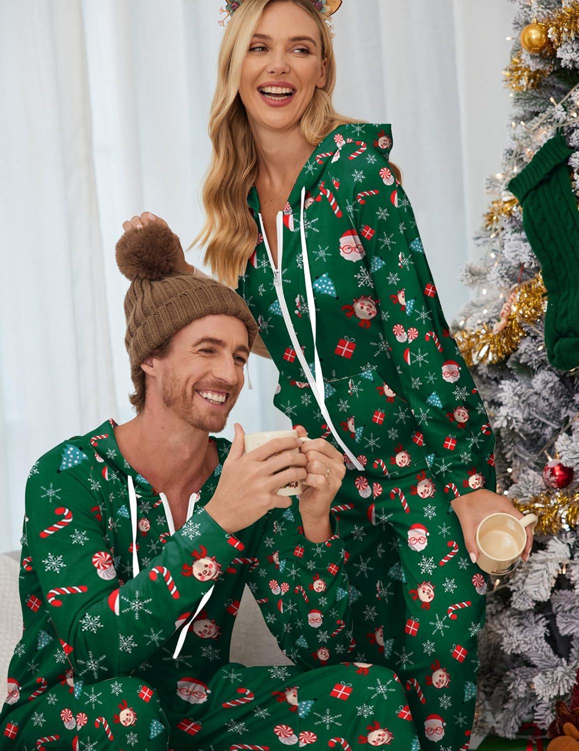 imageEkouaer Christmas Onesie for Couples Zipper Hooded Adult Matching Onesie Pajamas with PocketsSanta