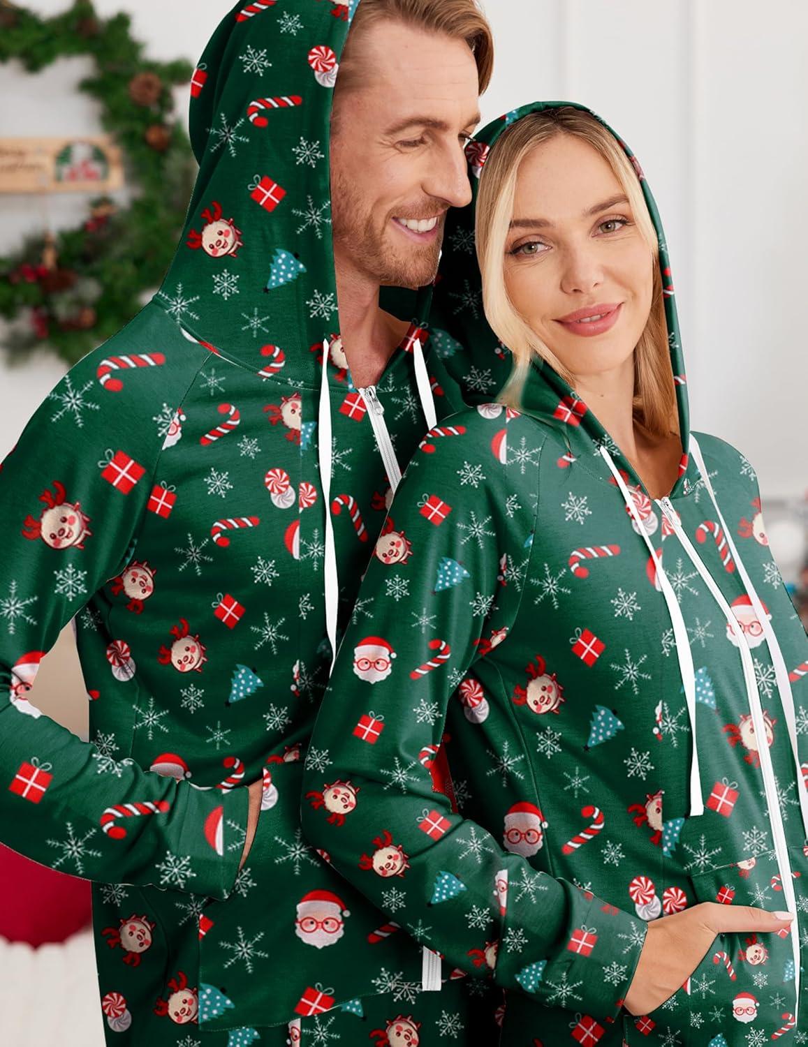 imageEkouaer Christmas Onesie for Couples Zipper Hooded Adult Matching Onesie Pajamas with PocketsSanta