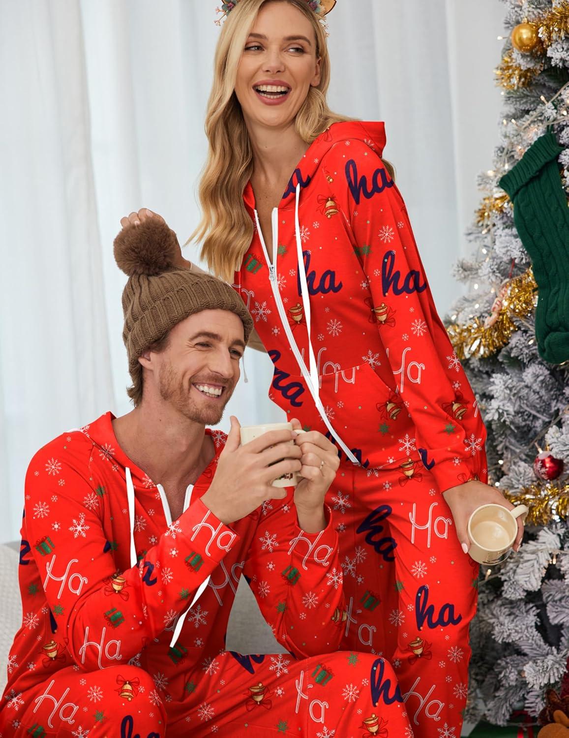 imageEkouaer Christmas Onesie for Couples Zipper Hooded Adult Matching Onesie Pajamas with PocketsSymbol
