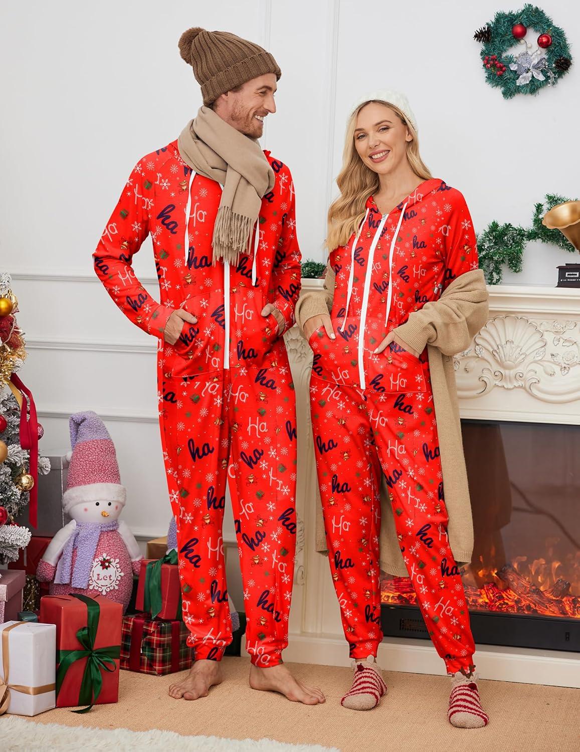 imageEkouaer Christmas Onesie for Couples Zipper Hooded Adult Matching Onesie Pajamas with PocketsSymbol
