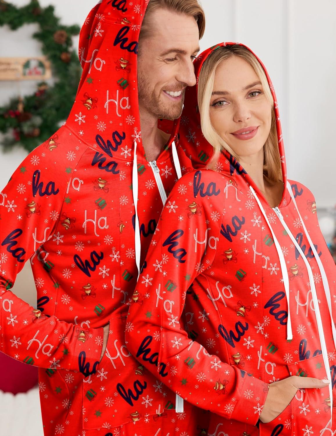 imageEkouaer Christmas Onesie for Couples Zipper Hooded Adult Matching Onesie Pajamas with PocketsSymbol