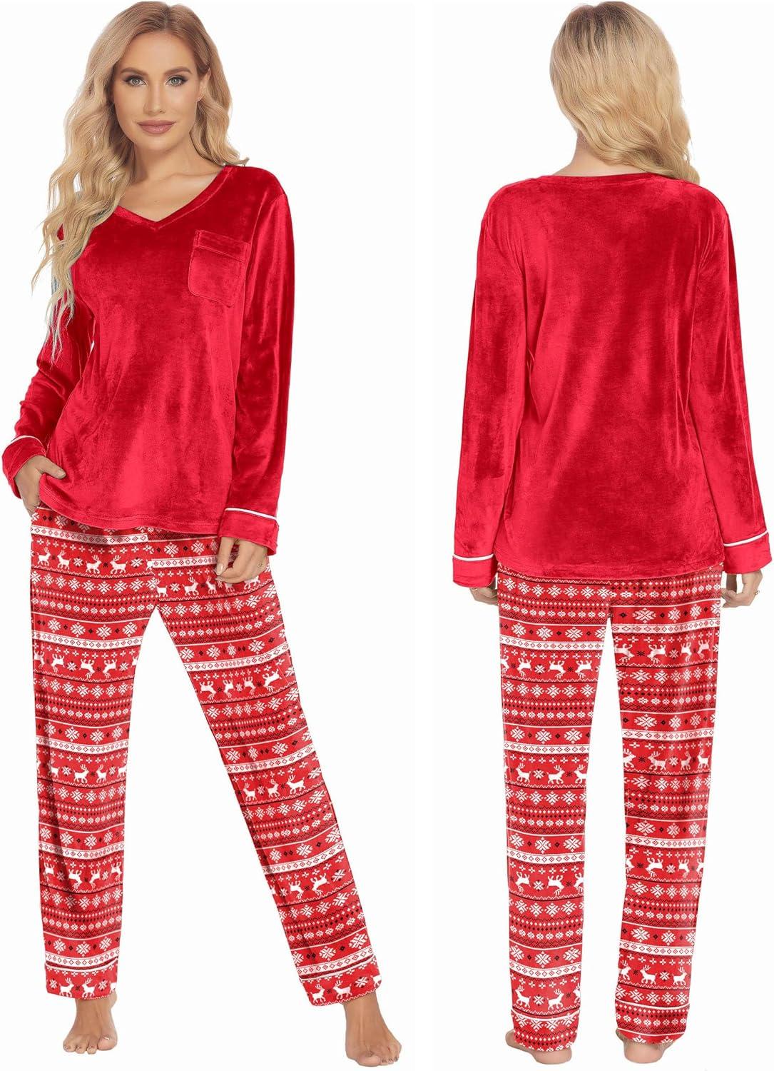 imageEkouaer Couples Matching Pajamas Sets Velvet PJs Set for Men and Women Velour Long Sleeve Sleepwear SXXLChristmas Red