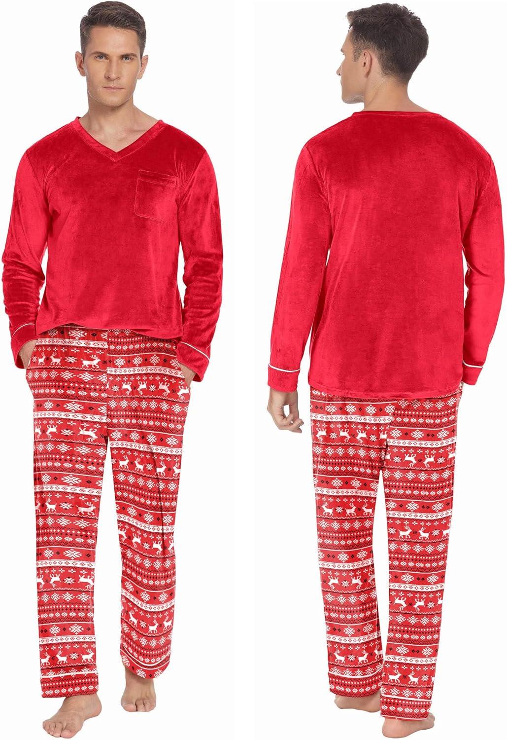 imageEkouaer Couples Matching Pajamas Sets Velvet PJs Set for Men and Women Velour Long Sleeve Sleepwear SXXLChristmas Red