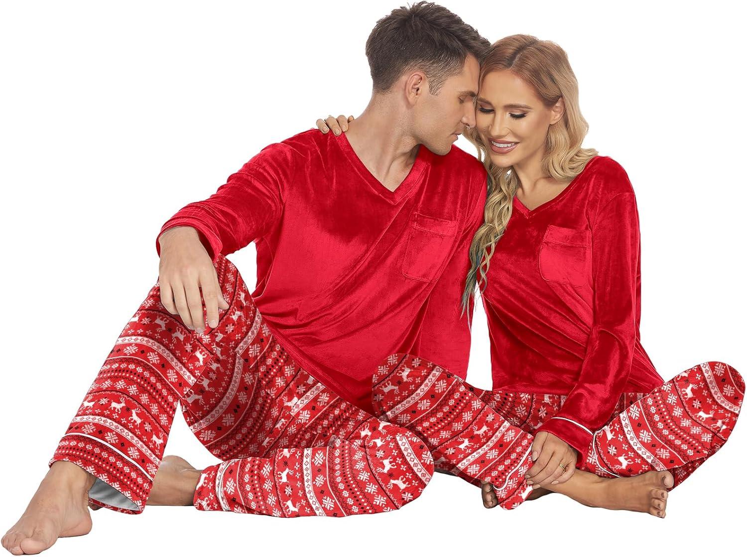 imageEkouaer Couples Matching Pajamas Sets Velvet PJs Set for Men and Women Velour Long Sleeve Sleepwear SXXLChristmas Red