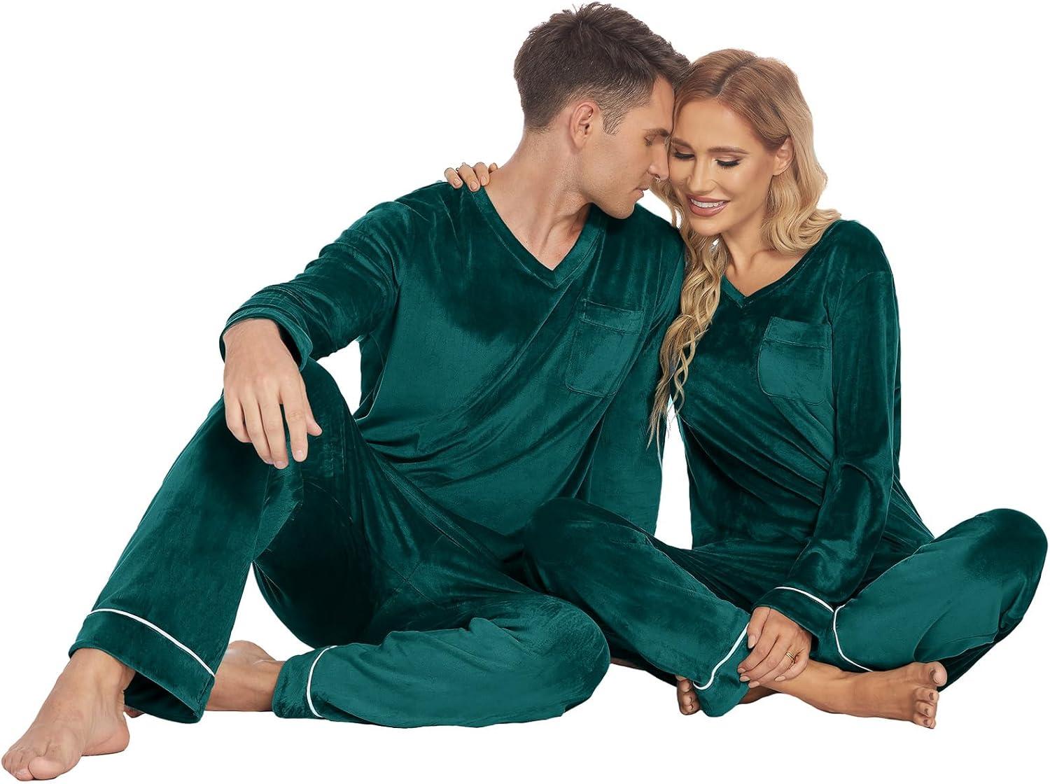 imageEkouaer Couples Matching Pajamas Sets Velvet PJs Set for Men and Women Velour Long Sleeve Sleepwear SXXLGreen