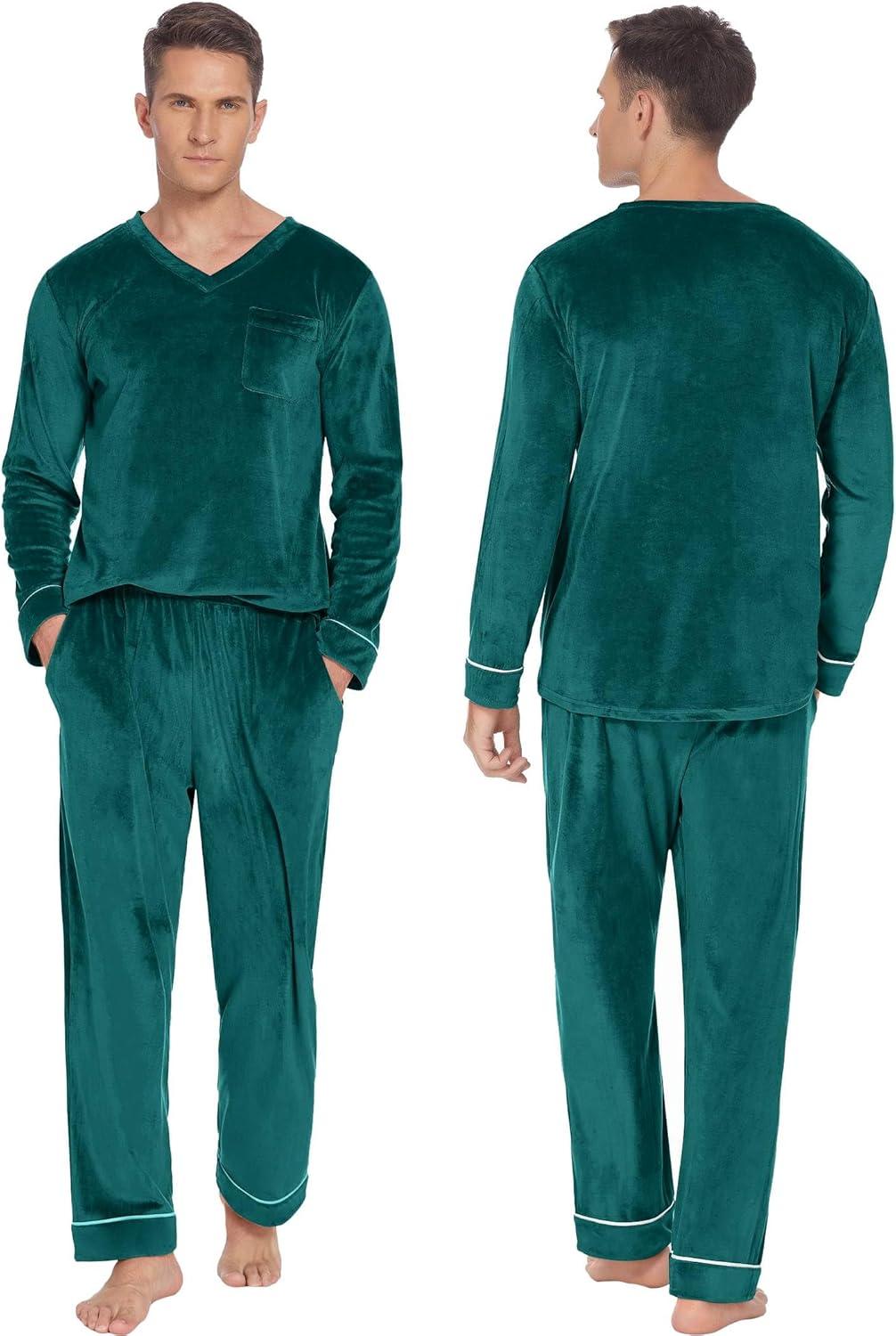 imageEkouaer Couples Matching Pajamas Sets Velvet PJs Set for Men and Women Velour Long Sleeve Sleepwear SXXLGreen