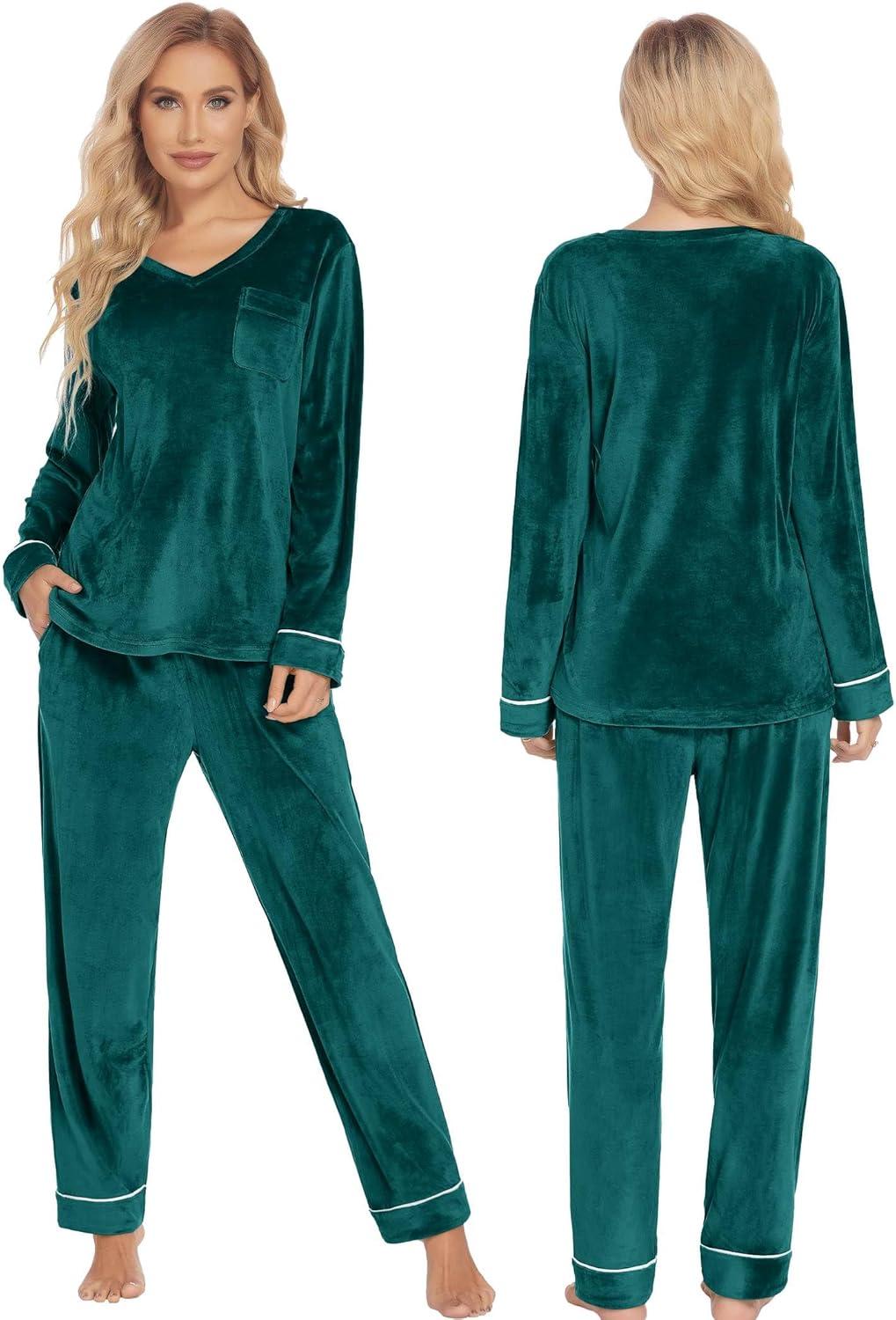imageEkouaer Couples Matching Pajamas Sets Velvet PJs Set for Men and Women Velour Long Sleeve Sleepwear SXXLGreen