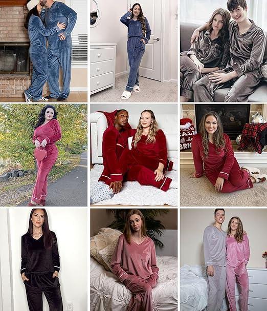 imageEkouaer Couples Matching Pajamas Sets Velvet PJs Set for Men and Women Velour Long Sleeve Sleepwear SXXLGreen