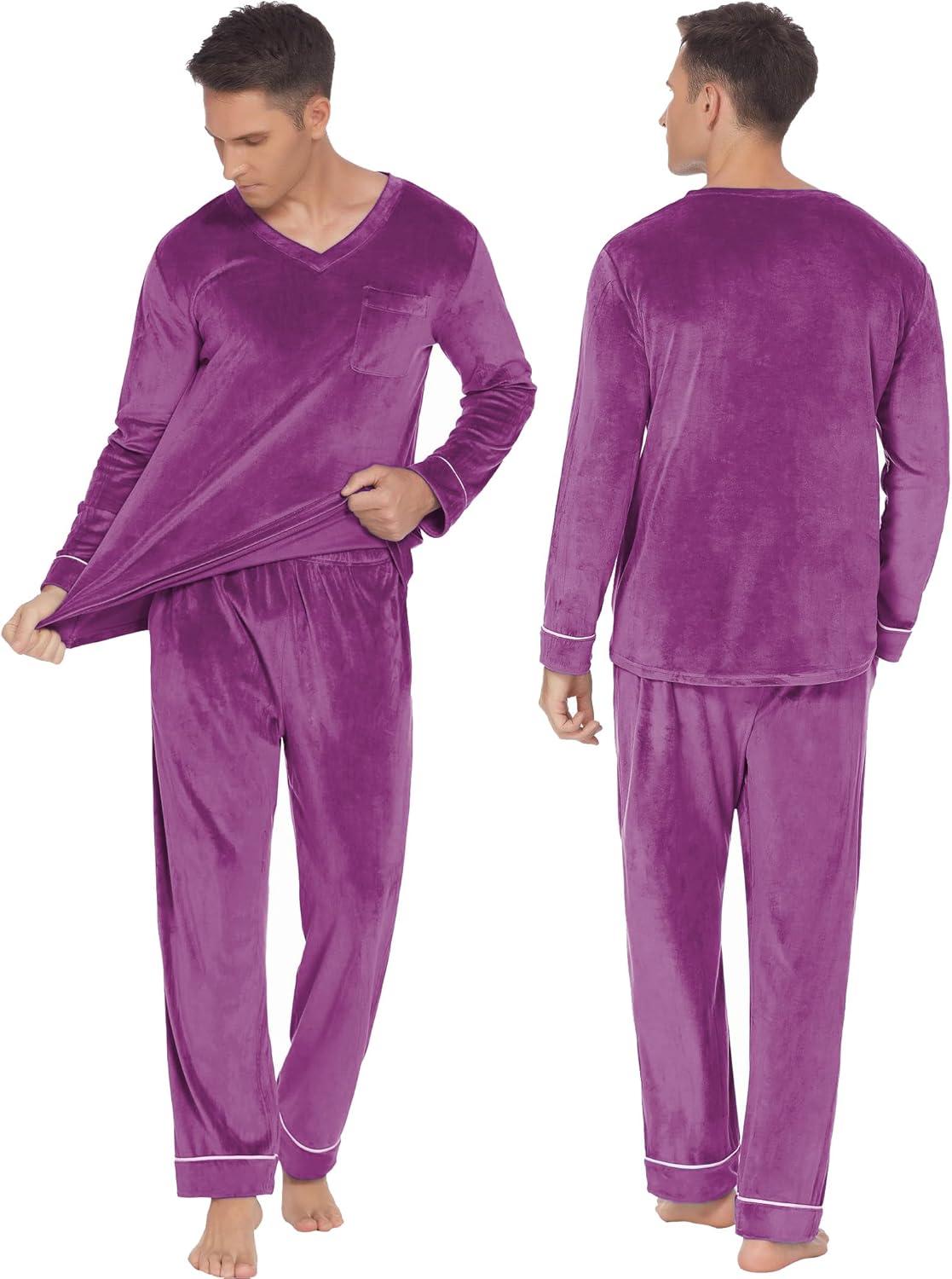 imageEkouaer Couples Matching Pajamas Sets Velvet PJs Set for Men and Women Velour Long Sleeve Sleepwear SXXLPurple