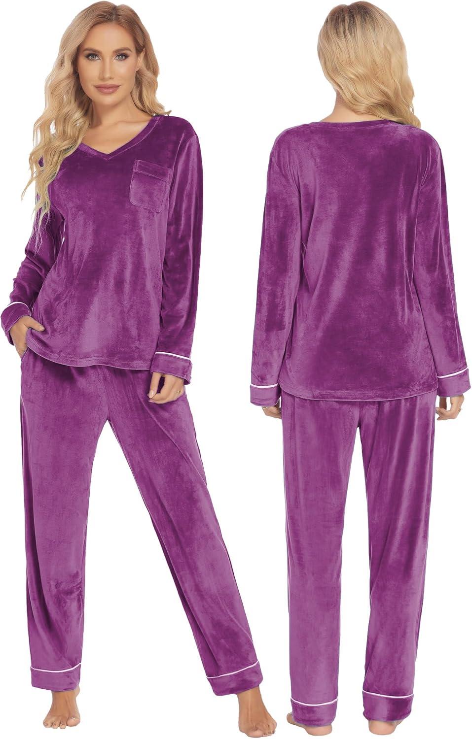 imageEkouaer Couples Matching Pajamas Sets Velvet PJs Set for Men and Women Velour Long Sleeve Sleepwear SXXLPurple
