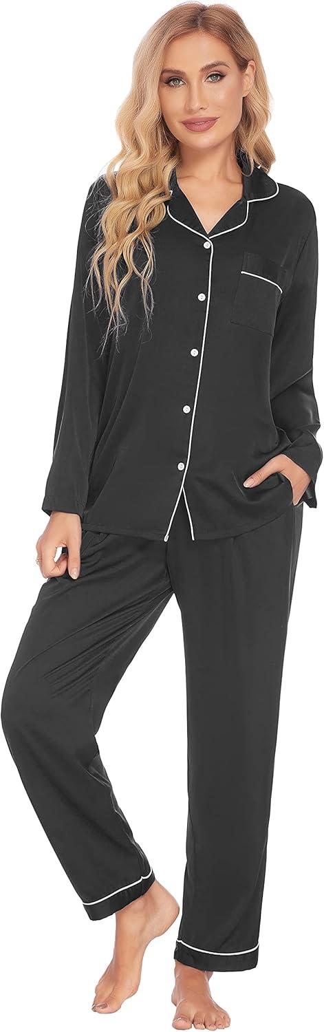 imageEkouaer Couples Matching Pajamas Silk Long Sleeve Sleepwear Satin Soft Button Down Loungewear Pjs SetBlack