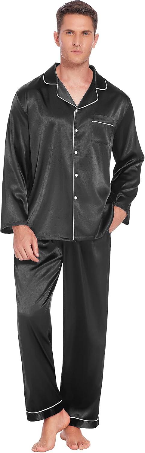 imageEkouaer Couples Matching Pajamas Silk Long Sleeve Sleepwear Satin Soft Button Down Loungewear Pjs SetBlack