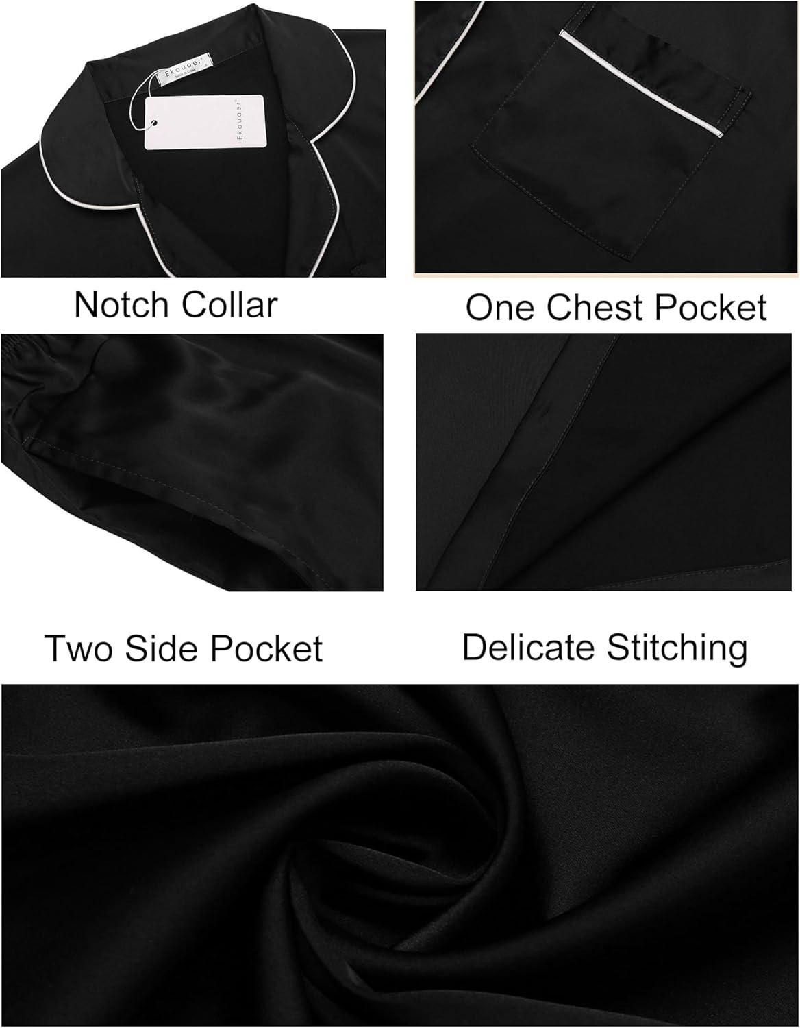 imageEkouaer Couples Matching Pajamas Silk Long Sleeve Sleepwear Satin Soft Button Down Loungewear Pjs SetBlack