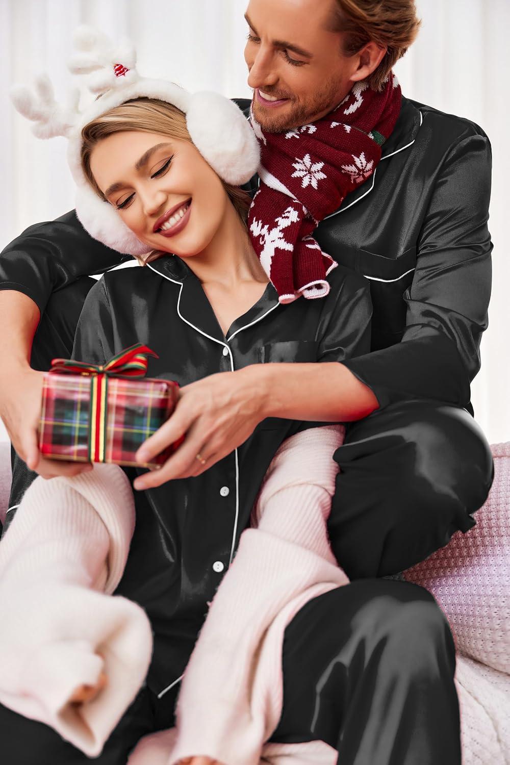 imageEkouaer Couples Matching Pajamas Silk Long Sleeve Sleepwear Satin Soft Button Down Loungewear Pjs SetBlack