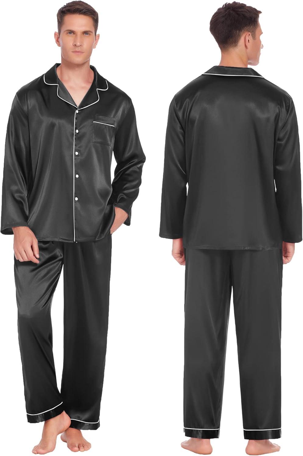 imageEkouaer Couples Matching Pajamas Silk Long Sleeve Sleepwear Satin Soft Button Down Loungewear Pjs SetBlack