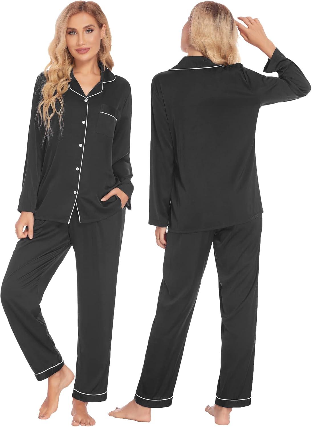 imageEkouaer Couples Matching Pajamas Silk Long Sleeve Sleepwear Satin Soft Button Down Loungewear Pjs SetBlack