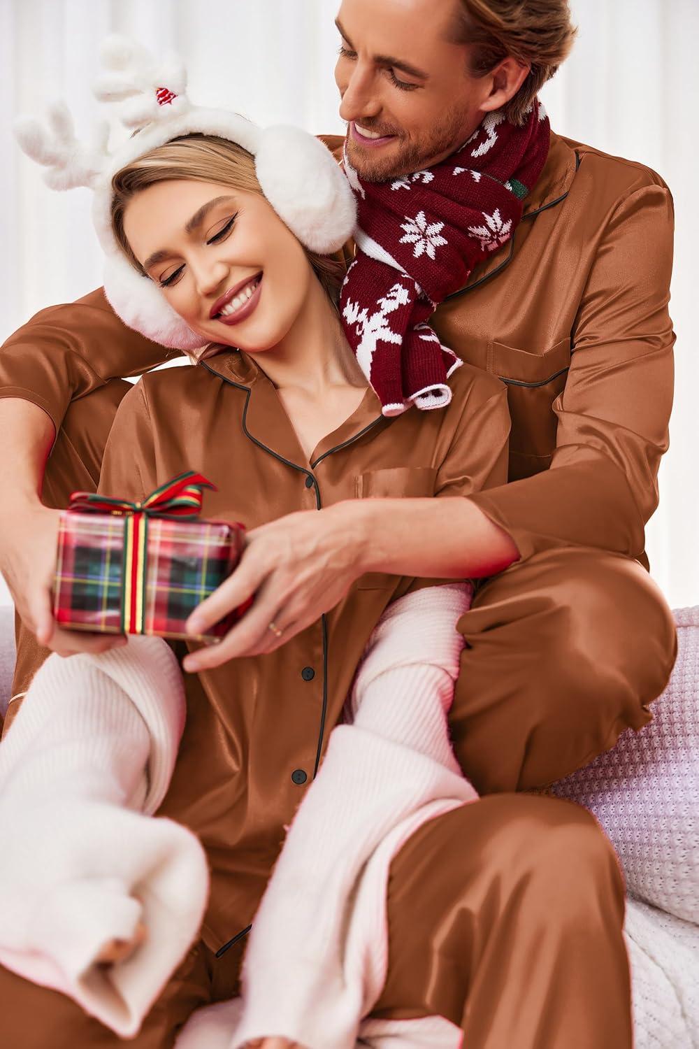 imageEkouaer Couples Matching Pajamas Silk Long Sleeve Sleepwear Satin Soft Button Down Loungewear Pjs SetBrown