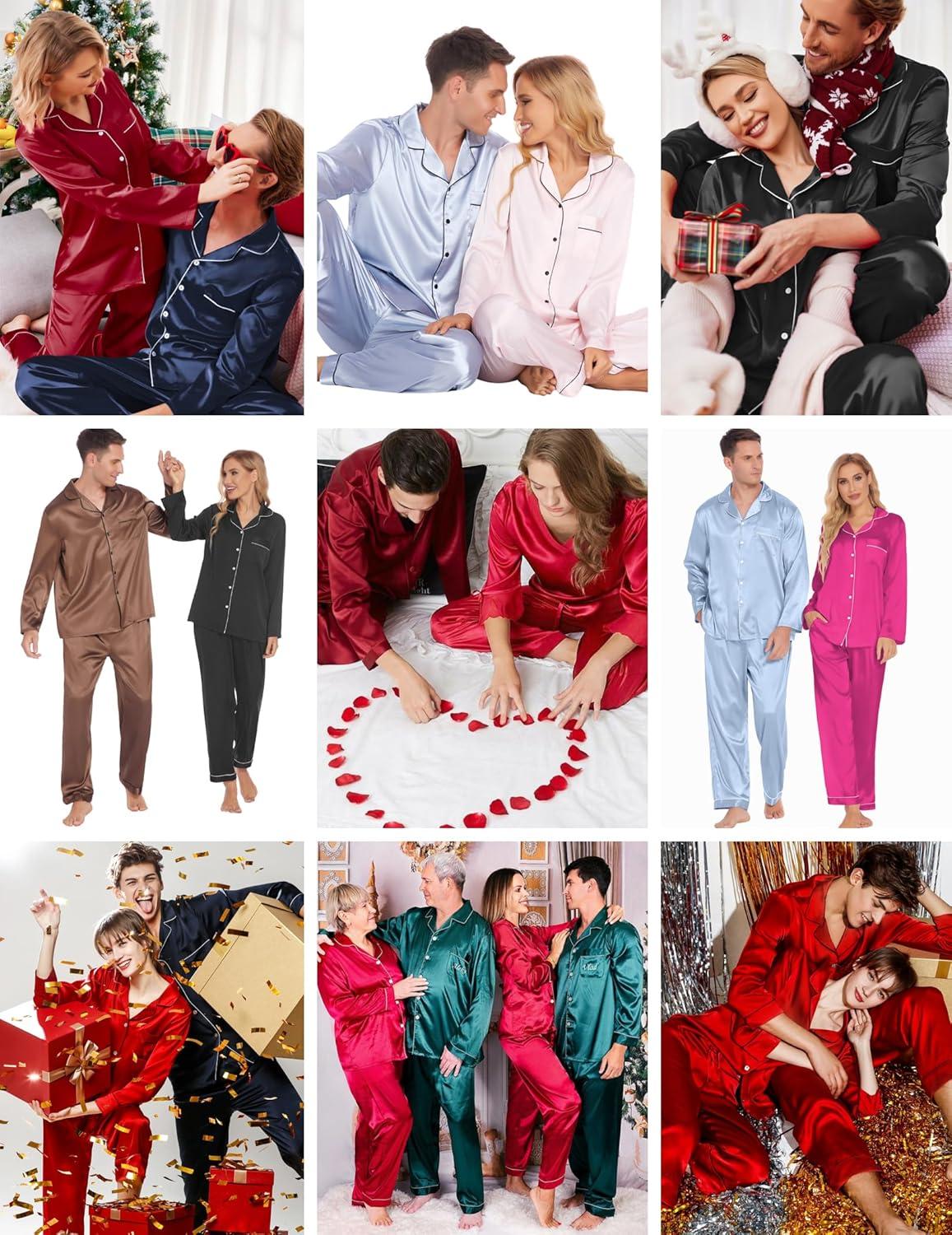 imageEkouaer Couples Matching Pajamas Silk Long Sleeve Sleepwear Satin Soft Button Down Loungewear Pjs SetBrown