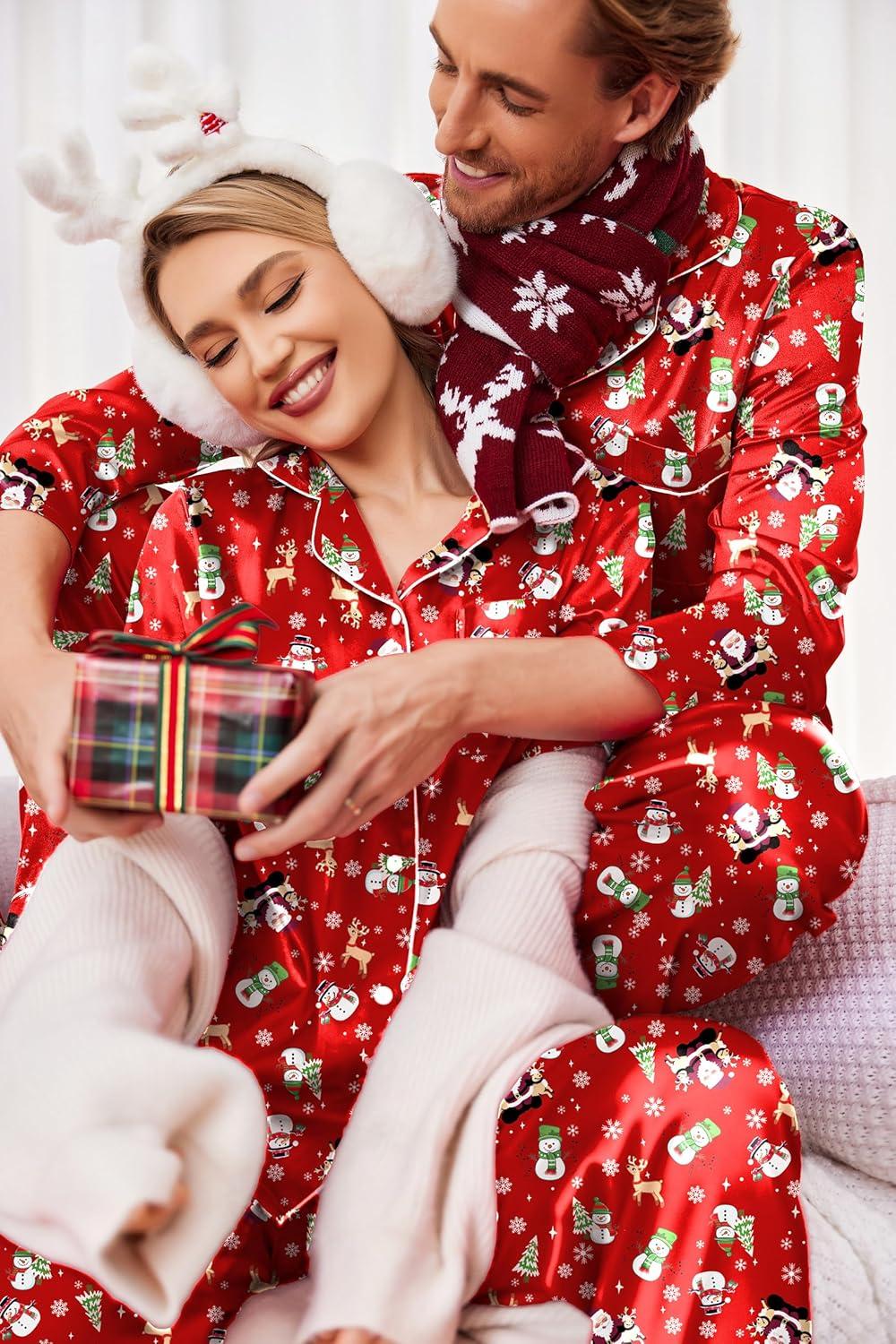 imageEkouaer Couples Matching Pajamas Silk Long Sleeve Sleepwear Satin Soft Button Down Loungewear Pjs SetChristmas Red
