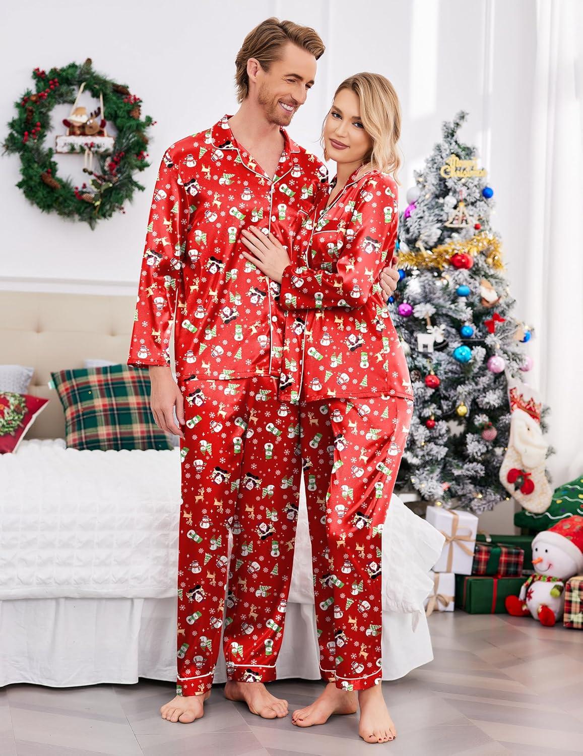 imageEkouaer Couples Matching Pajamas Silk Long Sleeve Sleepwear Satin Soft Button Down Loungewear Pjs SetChristmas Red