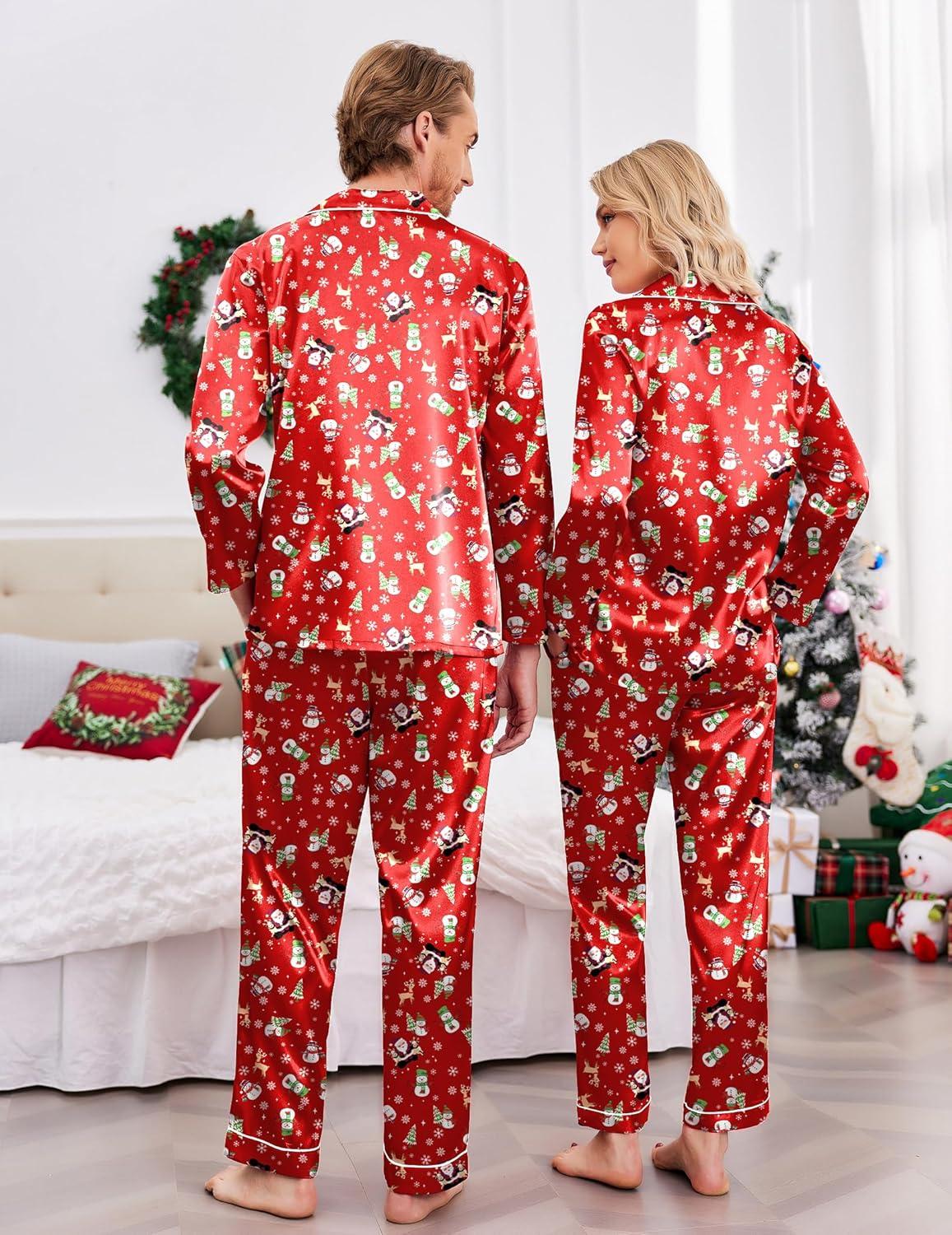 imageEkouaer Couples Matching Pajamas Silk Long Sleeve Sleepwear Satin Soft Button Down Loungewear Pjs SetChristmas Red