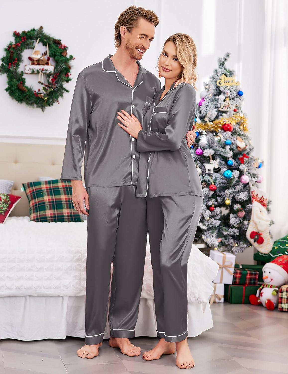 imageEkouaer Couples Matching Pajamas Silk Long Sleeve Sleepwear Satin Soft Button Down Loungewear Pjs SetDark Grey