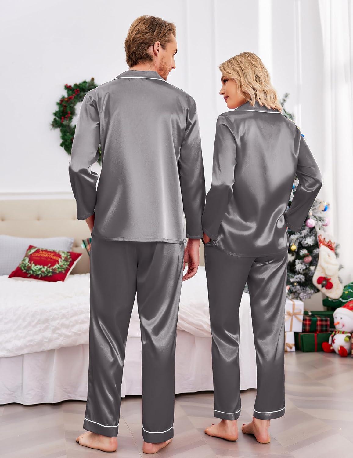 imageEkouaer Couples Matching Pajamas Silk Long Sleeve Sleepwear Satin Soft Button Down Loungewear Pjs SetDark Grey