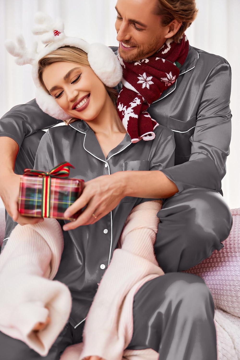 imageEkouaer Couples Matching Pajamas Silk Long Sleeve Sleepwear Satin Soft Button Down Loungewear Pjs SetDark Grey