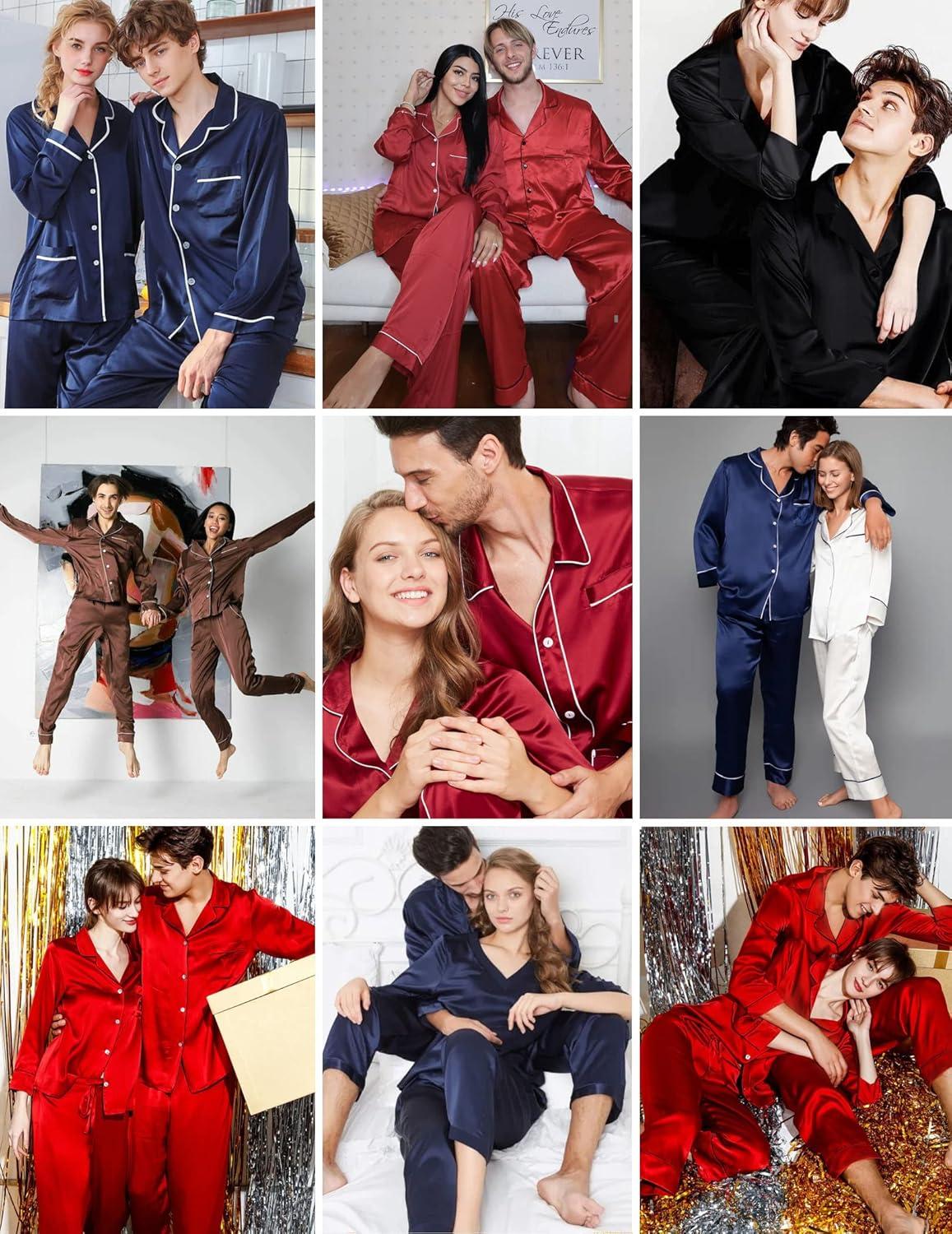 imageEkouaer Couples Matching Pajamas Silk Long Sleeve Sleepwear Satin Soft Button Down Loungewear Pjs SetGreen