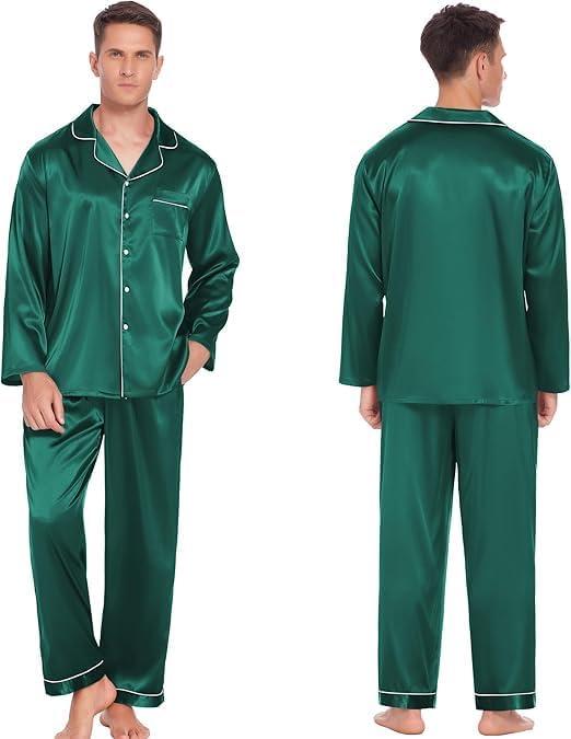 imageEkouaer Couples Matching Pajamas Silk Long Sleeve Sleepwear Satin Soft Button Down Loungewear Pjs SetGreen