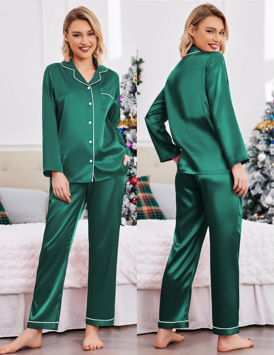 imageEkouaer Couples Matching Pajamas Silk Long Sleeve Sleepwear Satin Soft Button Down Loungewear Pjs SetGreen