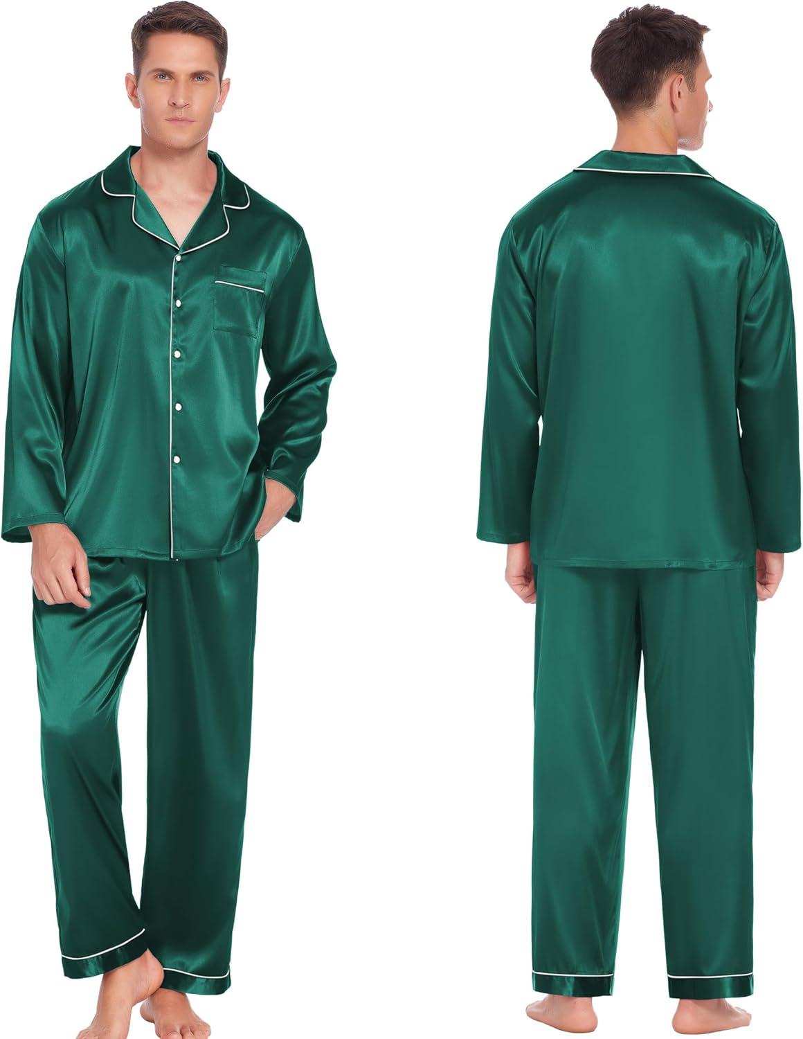 imageEkouaer Couples Matching Pajamas Silk Long Sleeve Sleepwear Satin Soft Button Down Loungewear Pjs SetGreen