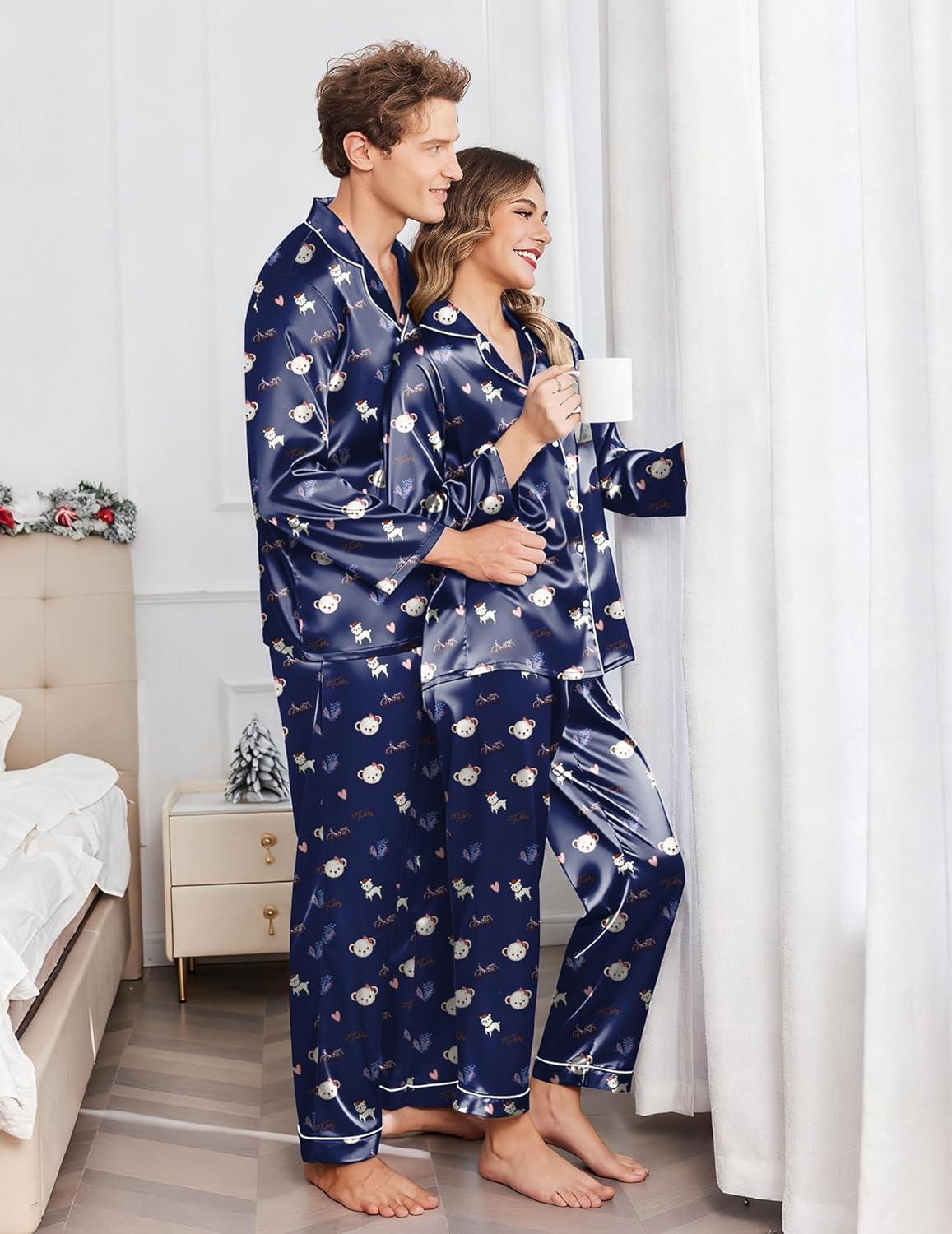 imageEkouaer Couples Matching Pajamas Silk Long Sleeve Sleepwear Satin Soft Button Down Loungewear Pjs SetTeddy Navy