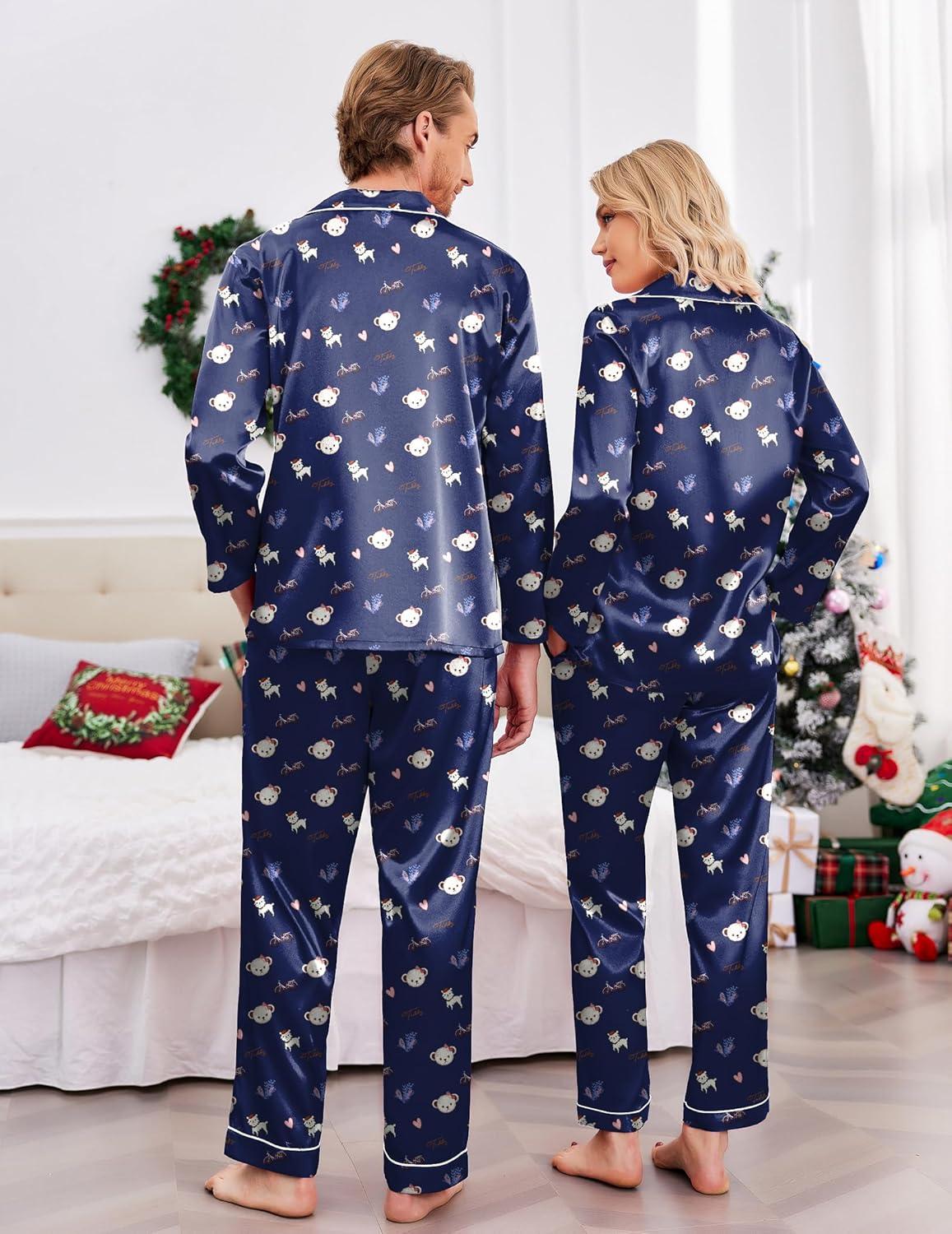 imageEkouaer Couples Matching Pajamas Silk Long Sleeve Sleepwear Satin Soft Button Down Loungewear Pjs SetTeddy Navy