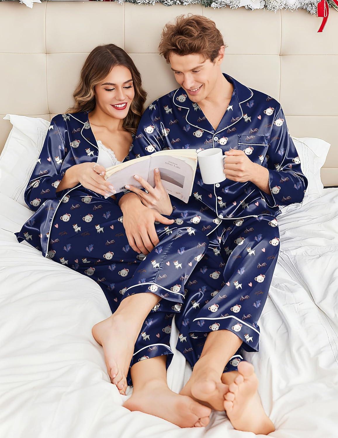 imageEkouaer Couples Matching Pajamas Silk Long Sleeve Sleepwear Satin Soft Button Down Loungewear Pjs SetTeddy Navy